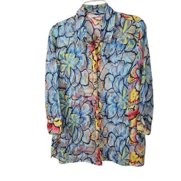 Erin London Burnt Out Floral Bohemian Art To Wear Blouse Abstract Artsy Fairy L - Picture 1 of 13